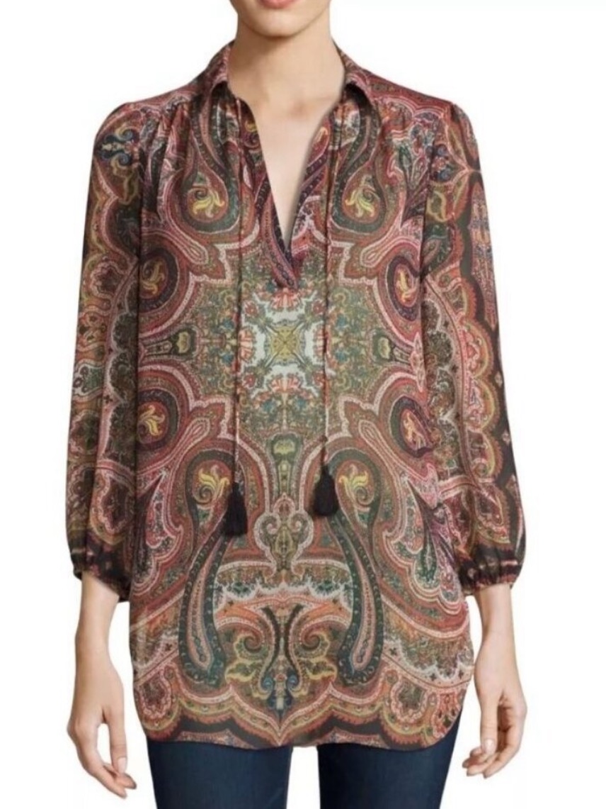 Alice + Olivia Sterling Half-Placket Tunic Top Multiprint Sheer Paisley Medium